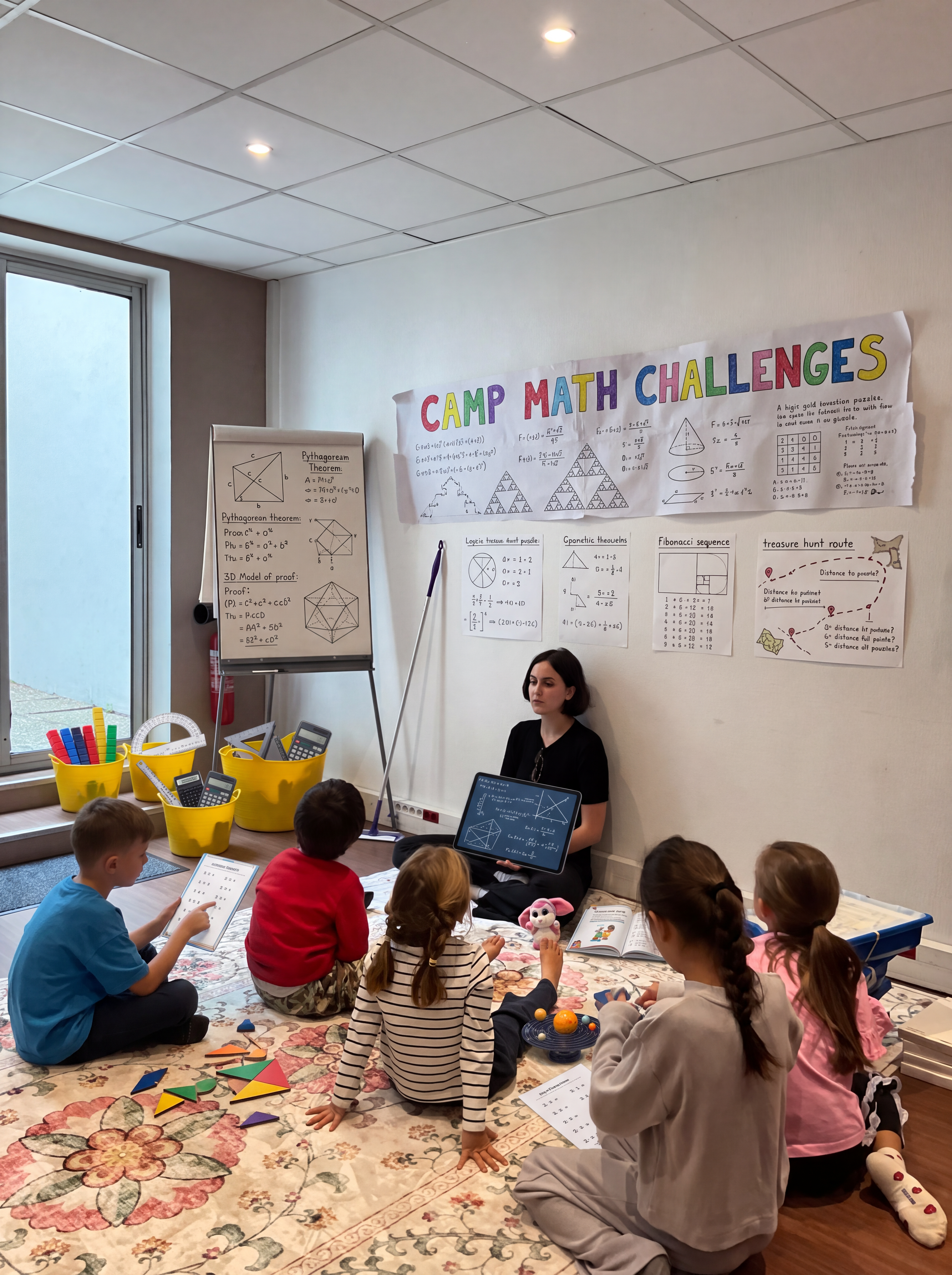 Image générée par IA, d'après une séance réelle : Des enfants collaborant sur un problème de Stage Math Challenge autour d'une table en bois