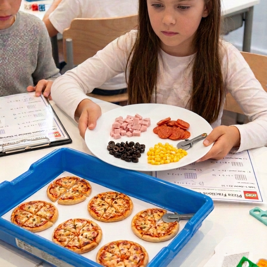 Image générée par IA : Une enfant explorant les fractions avec une activité mathématique concrète autour de la pizza