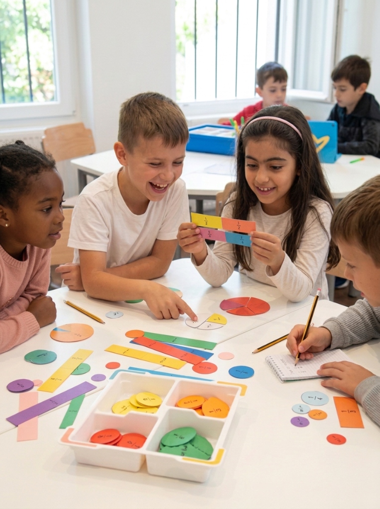 Image générée par IA : Des enfants bénéficiant de tutorat en mathématiques et pratiquant les fractions en petit groupe